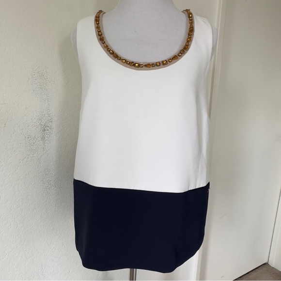 River Woods White and Navy Blue Embellished Sleeveless Block Tank Top Size 36 - Picture 2 of 10